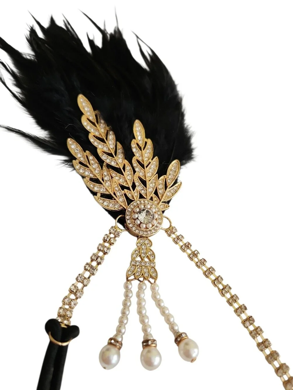 1920s FLAPPER HEADBAND GOLD RHINESTONE FEATHER PEARL GATSBY ART DECO COSUME BLK